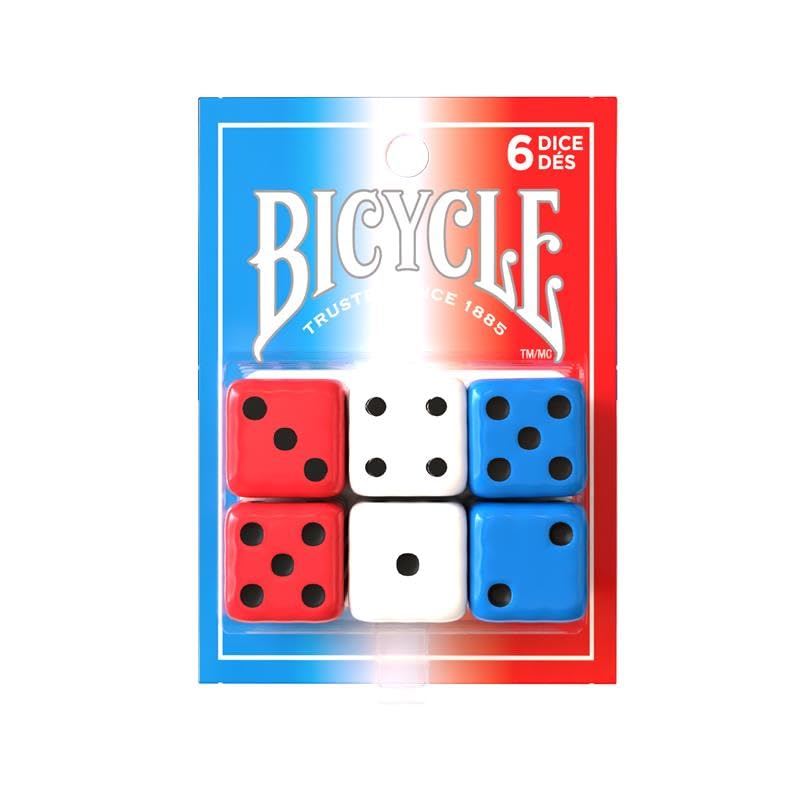 Image of Bicycle 6X Dice Set, Six Sided D6 Dice, Red, White, Blue, 16 mm