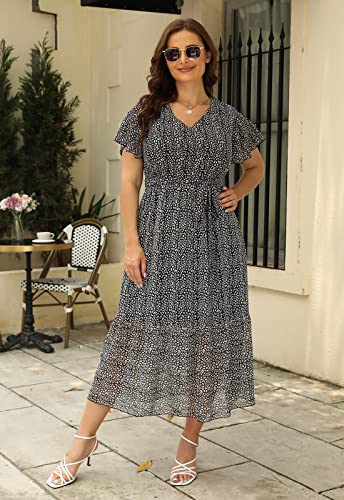 Image of Nemidor Plus Size Women Casual Maxi Dresses Print Bobo Belted Layered Chiffon Summer Long Dress with Ruffle Sleeve