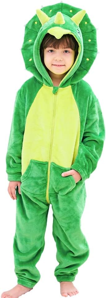 LOLANTA Kids Triceratops Dinosaur Costume, Toddler Hooded Flannel Bodysuit Fancy Dress, 1-2 Years,Tag XS, Green - Image 2