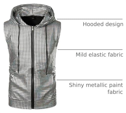 Image of ZEROYAA Mens 70s Metallic Sleeveless Hooded Vest T Shirt | Shiny, Disco, Sparkle, Party, Dance, NightClub, Halloween, Cosplay, Hipster, Kangaroo Pocket, Zip Up