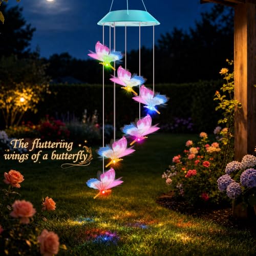 Image of Toodour Solar Wind Chime, Color Changing LED Swaying Butterfly Wind Chimes, Upgrade Butterfly with Fluttering Wings, Waterproof Solar Outdoor Light Decor for Garden Window Patio, Gift for Mom Grandma
