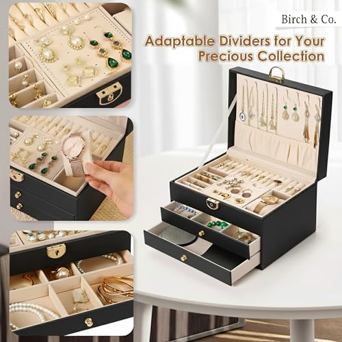 Image of Birch & Co. Jewellery Box - 3 Layer jwell organizer storage box, Portable Travel-Friendly Storage. Elegant Storage Case for Rings, Earrings, Necklaces & Bracelets, Black