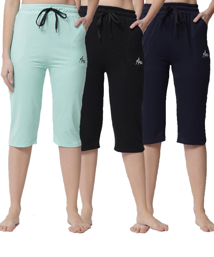 anixa Women's Cotton Capri Pants, Knee Length with Drawstring Waist (Pack of 3)-picture-25