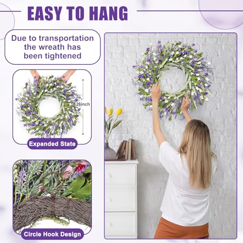 Artgar-26-Inch-Spring-Wreaths-for-Front-Door-Spring-Summer-Lavender-Paper-Flower-Wreaths-for-Home-Farmhouse-Windows-Walls-Porch-Wedding-Indoor-Outdoor-Decor-for-All-Seasons-Purple Artgar 26 Inch Spring Wreaths for Front Door Spring Summer Lavender Paper Flower Wreaths for Home Farmhouse Windows Walls Porch Wedding Indoor Outdoor Decor for All Seasons Purple