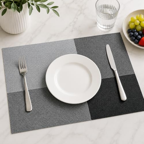 Image of OXSAM Placemats, Heat Insulation Non-Slip Vinyl mats, Stain-Resistant Tablemats for Home and cafe Dining Table Decor (Black & Gray Checks, Pack of 6)