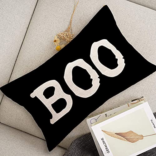 Xihomeli Halloween Decorations Cotton Linen Black Boo Quote Throw Pillow Covers Trick Or Treat Fall Autumn Greeting Cushion Case 12X20 Inch Thanksgiving Pillowcase (Black Boo) #TOP3