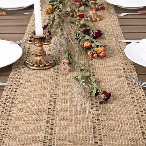 Socomi Burlap Table Runner 108 Inches Boho Rustic Vintage Farmhouse Coffee Table Macrame Dresser Scarf for Dining Room Kitchen Home Decor Spring Easter Bridal Shower Table Scarf Cover