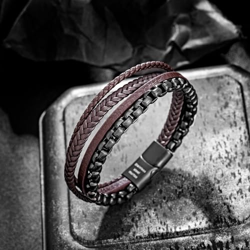 Image of Men's Leather and Steel Chain Bracelet with Clasp