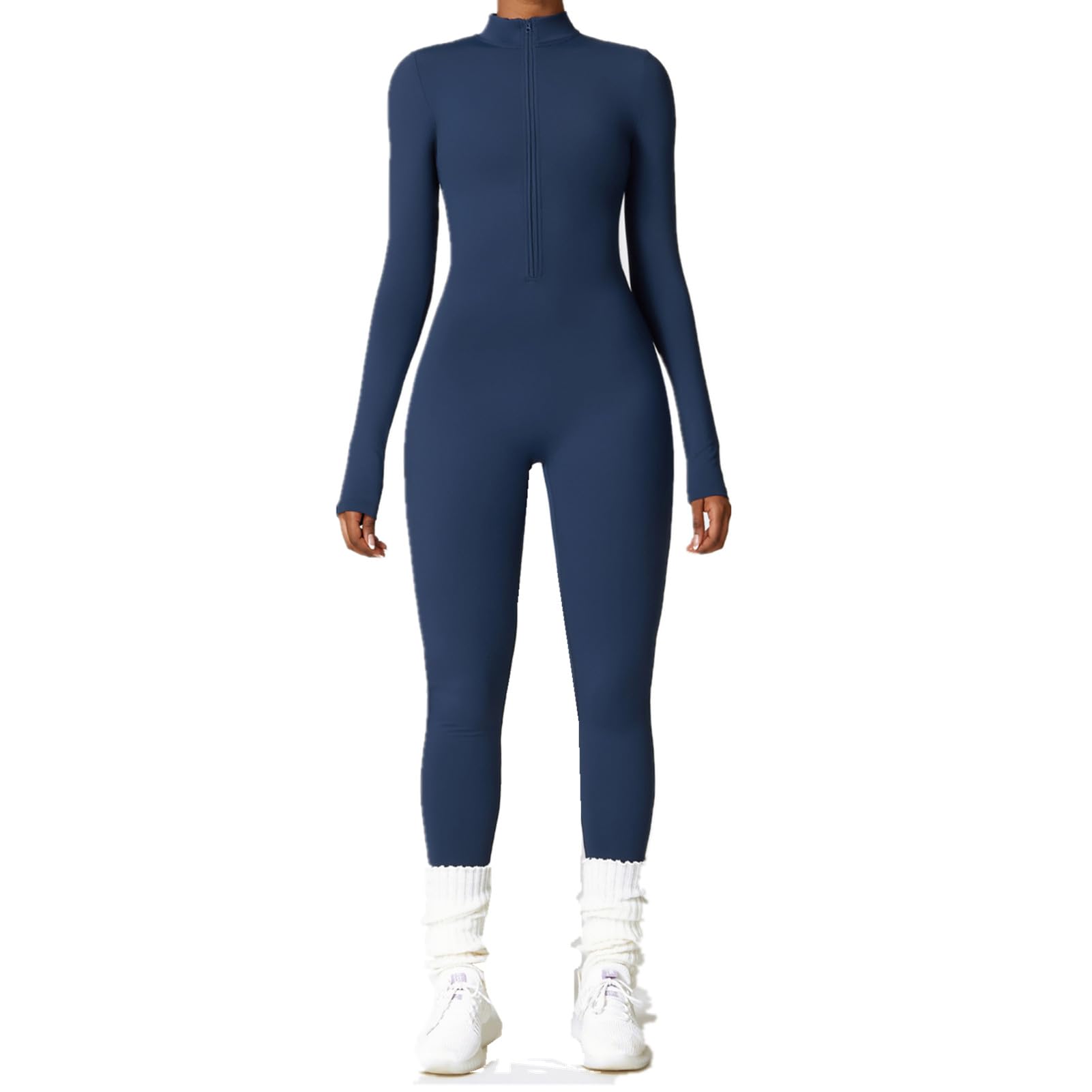Damen Sport Jumpsuit Lang Eng Yoga Overall Langarm V-Ausschnitt Playsuits Mit Reißverschluss Jogging Strampler Hosenanzug Trainingsanzug