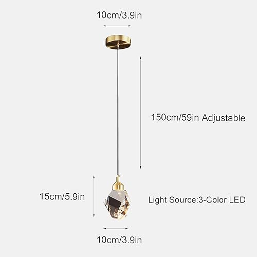 Miniatura 5 de Lámpara colgante moderna de cristal, lámpara colgante de cristal LED de 3 colores, altura ajustable, lámpara colgante colgante de techo dorada, para