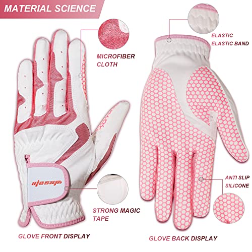 Wosofe Golf Gloves Women Both Hands Pair Synthetic Pu Soft Silica Gel Non-Slip Ventilation Comfortable Pink Close Fit Fashion (Large) #TOP3