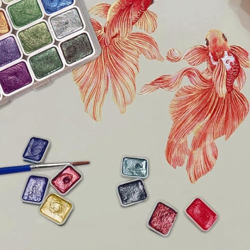 Canollo 20 Farben Metallic Aquarellfarben Set, Solid Glitzer Aquarellfarben, Metallic Watercolor Set Mit 1 Wasserpinsel, Glitzer Aquarell Farben für Kinder, Anfänger und Profis