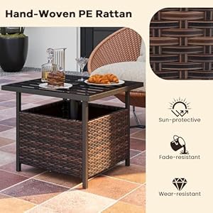 DORTALA Rattan Wicker Umbrella Square Side Table Outdoor Stand Garden Leisure Coffee Table with Umbrella Hole Dark Brown