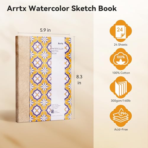 Arrtx Watercolor Sketchbook, 8.27x5.98'', 140 LB, 300 GSM, 100% Cotton Paper, Cold Press, 24 Sheets, Hardcover Watercolor Journal for Use As Travel Notebook for Artists Adults Students image 11