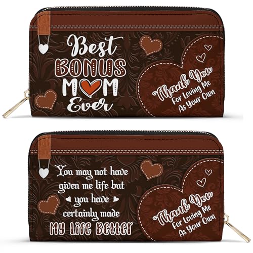 Gifts For Bonus Mom From Son, Daughter - Bonus Mom Purse - Mothers Day Gifts for Bonus Mom - Step Mom Christmas Gifts, Birthday Gift Ideas - Leather Long Wallet for Work, Travel