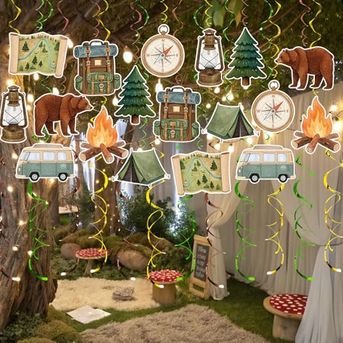 Image of Campining Hanging Swirl Set Party Decorations, 48 Pcs , Bear,Compass, Oil Lamps, Campfire,Tents, Bag, Tree Party Supplies Sign, Green Brown Orange