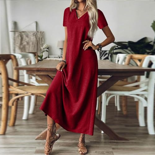 Robe maxi col en V à manches courtes avec tissu fluide d'été - 5