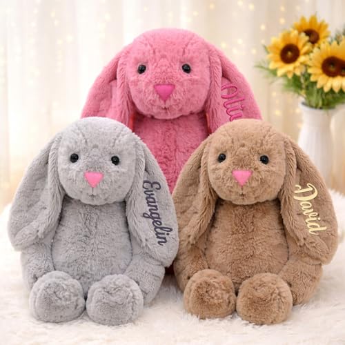 Personalized Easter Bunny Stuffed Animal, Custom Name Plush Rabbit Doll Gifts, Handcraft Fluffy Bunny with Long Ears Embroidered, Easter Stuffed Animals for Girls Boys Kids Gift Color01