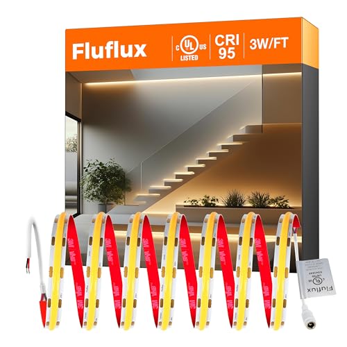 FluFlux COB LED Strip Lights Warm White 3000K, 24V DC Premium Tape Light with Strong 3M VHB Tape...