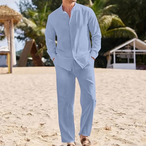 Men Cotton Linen Set Plus Size Long Sleeve Button Shirts Pants 2PC Suit Blouse Top Wide Leg Trouser Summer Outfits2