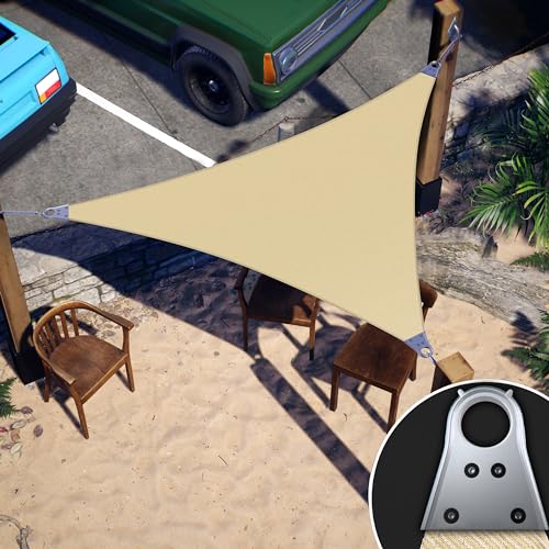ColourTree 24' x 24' x 24' Beige Triangle Super Ring Sun Shade Sail Canopy Structure, Super Durable Heavy Duty, Reinforced Corners, Edges & 260 GSM Permeable Fabric