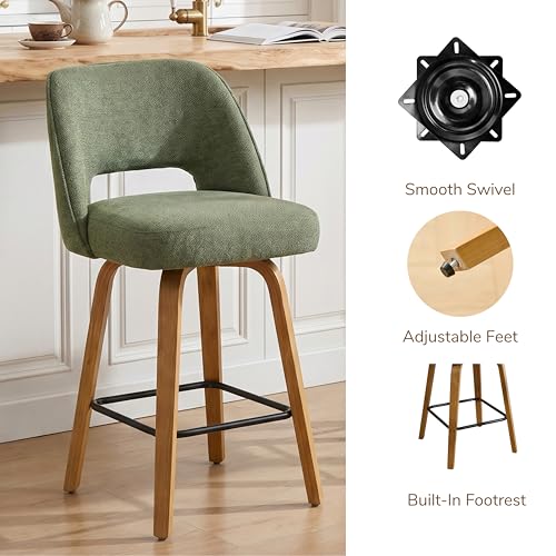 Butacos giratorios para barra, juego de 2, altura de mostrador de 26", color verde musgo | patas curvas de madera doblada, acabado en roble natural, asiento tapizado, respaldo ergonómico, cojín de 4 pulgadas, capacidad de peso de 350 libras miniatura 4