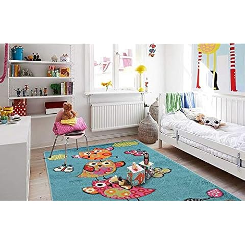 Bravich RugMasters - Alfombra para niños Tallada a Mano (200 x 290 cm), diseño de búho, Color Azul Cover