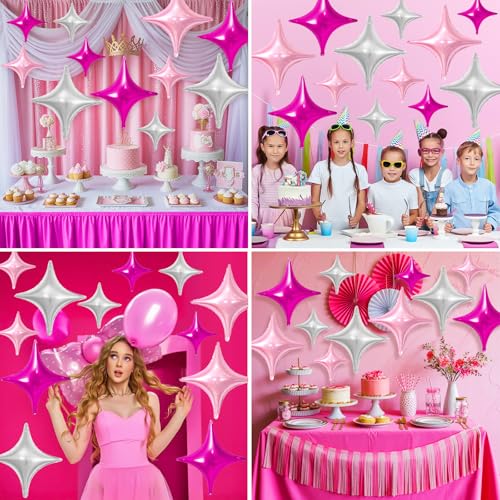 Image of Pink Silver Star Balloons,12Pcs Four Angle Star Foil Balloons