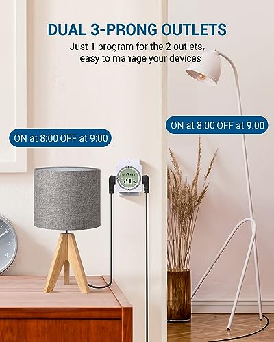 Dewenwils Digital Timers For Electrical Outlets, Daily/7-Day/Ctd, 120V 15A 1800W Indoor Light Timer, Dual 3-Prong Outlet, Easy To Program For Light, Lamp, Pump, Heater, Fan #TOP5