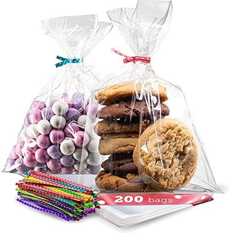 Prestee 200 Pack Clear Cellophane Bags for Favors - Transparent Goodie Bags for Birthday Party, 6x10 Inch Clear Bags with 4-Inch Twist Ties - Candy, Treat, Cookie Bags for Gift Giving Cover