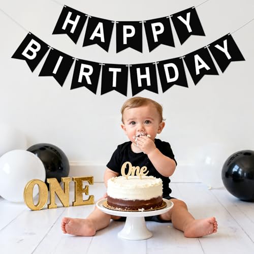 Image of Happy Birthday Banner Party Banner NO DIY Birthday Sign Black and White