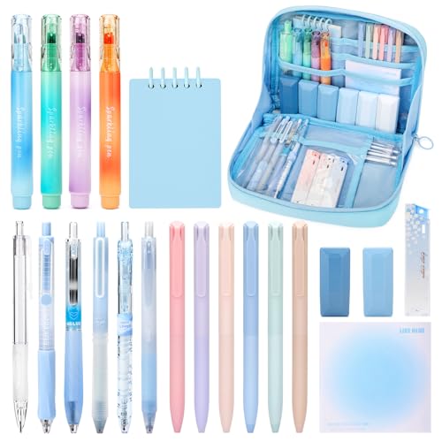 ESSALOO 22 Piezas Material Escolar Estético y Papeleria Aesthetic Con Estuche, 11 Boligrafos Gel, 4 Subrayadores, 1 Portamina, Regalo Niña 6 7 8 9 10 11 12 Años, Azul