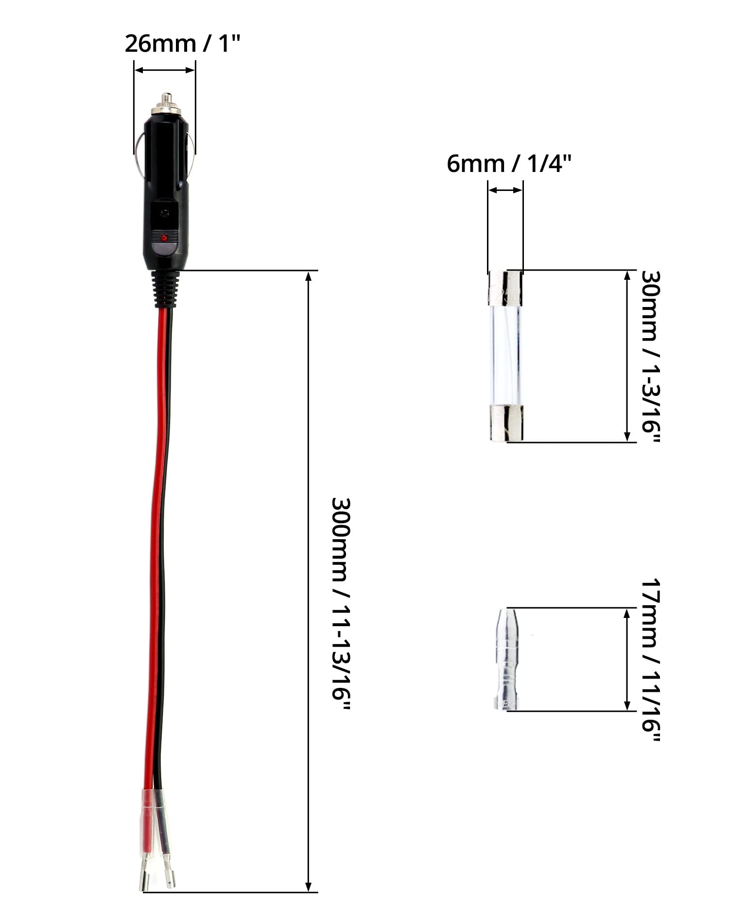 URAQT 2 Pezzi Spina Accendisigari, 17cm 12V 24V Cavo Auto Accendisigari con Luci a LED, Fusibili da 10 A e 15 A, per Automobili, Camion, Telecamere per Autobus