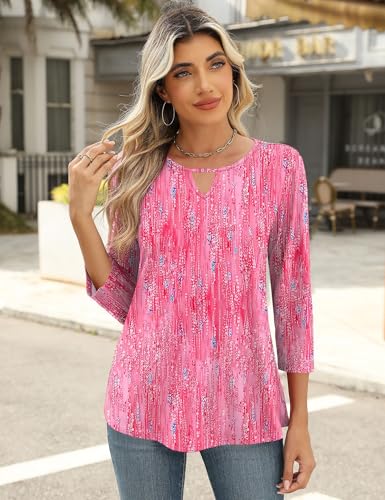 Romanstii 3/4 Length Sleeve Womens Tops Keyhole Crewneck Shirts Business Dressy Casual Tunic Blouses Summer Basic Tees4