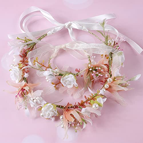 Foto von Blumenkranz Blume Krone Stirnband, Taumie Blumen Stirnbänder Kopfschmuck Haarbänder Floral Girlande, Perle Braut Haarschmuck mit Armband-Set, Damen Mädchen für Festival Party Hochzeit Strand