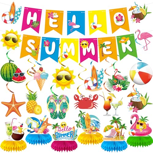 Summer Party Decorations Hello Summer Banner Hanging Swirls and Honeycomb Centerpieces Beach Pool Decorations for Pool Holiday Birthday Party Supplies