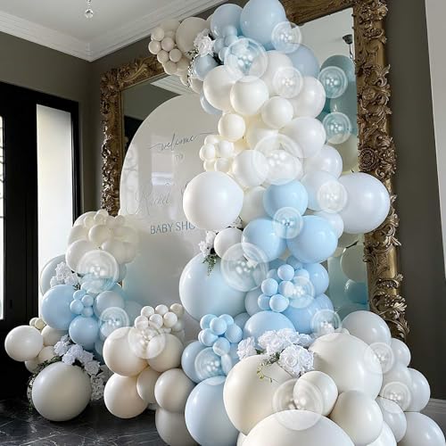Image of Pastel Blue White Balloons Garland Arch Kit, 104PCS Double Stuffed Pearl White Balloons, Light Baby Blue Clear Balloon for Bridal Shower Baby Birthday Bachelorette Wedding Engagement Party Decorations