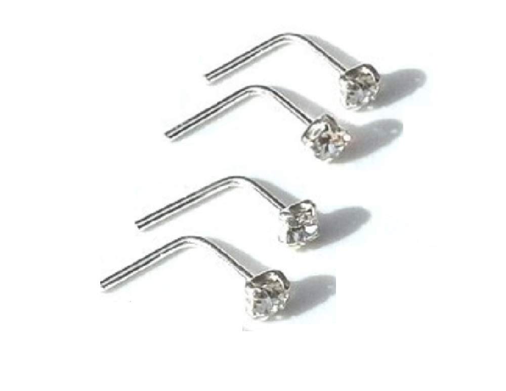 4 X Sterling Silver 2mm Clear L Shape Nose Studs