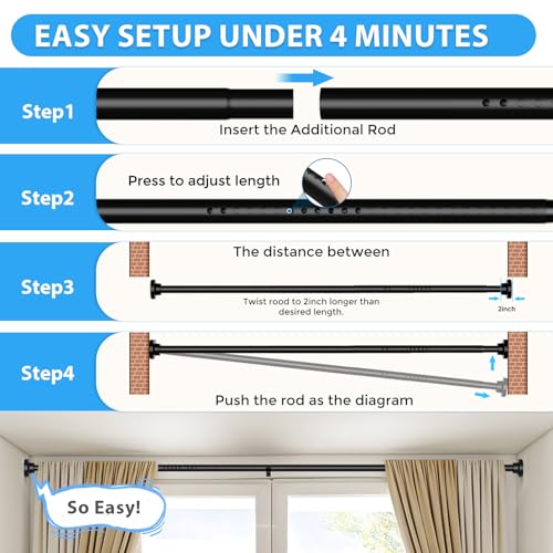 Image of Tension Curtain Rod Black Tension Rod 40 to 113 Inch Spring Curtain Rods Non Slip Tension Rods 1pcs For Windows No Drilling Adjustable Tension Rods of Curtains Window Closet Kitchen Wardrobe