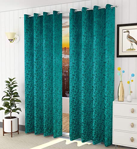 Home UTSAV 3 Piece Premium Room Floral Darkening Suede Velvet Fabric Semi Sheer Grommet Curtains for Window 5 Feet, Aqua