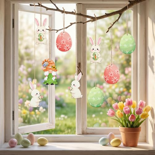Ostereier zum Aufhängen Draussen Osterdeko Holz, 12 Stück Osterdeko zum Aufhängen Osterhase Ostereier Deko, Frühlingsdeko Osteranhänger, Osterdeko Modern Innen Fenster Hängend Bastelset für Frühlings