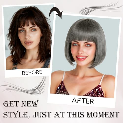 Image of PLULON Dark Gray Short Bob Wig with Bangs for Women, Colorful Neon Short Bob Synthetic Hair Wigs with Hair Cap Heart Sunglasses for Adults Daily Bachelorette Halloween Costume Party Supplies