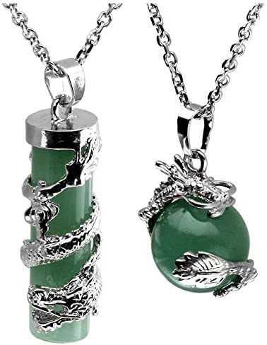 Jovivi 2pcs Natural Green Aventurine Crystal Dragon Wrapped Round Ball Cylinder Gemstone Healing Crystal Pendant Necklaces Sets for Couples Valentines Day Gifts