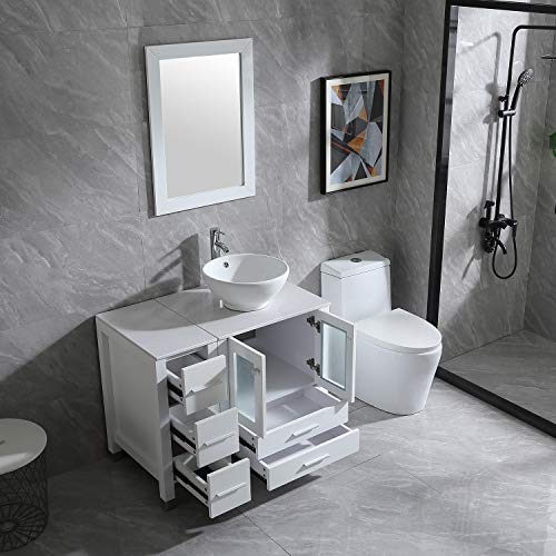 Wonline 36” White Bathroom Vanity And Sink Combo Wood Cabinet Top Round Bowl Ceramic Vessel Sink Faucet Drain Combo With Mirror Vanities Set #TOP3