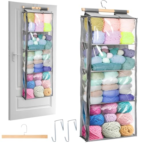 Image of Hanging Yarn Storage Organizer, Over the Door Hanging Yarn Holder with 4 Large Pockets, Clear Crochet Knitting Bag Organizer with Zippers and Hooks, for Knitting Needles Crochet Hooks, Gray