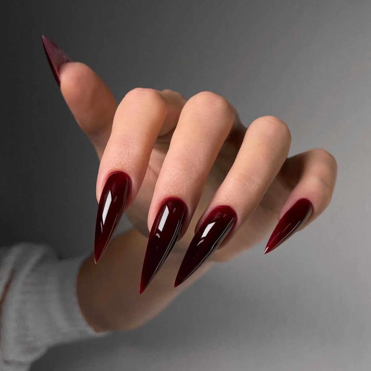 Burgundy Press on Nails, 24PCS Long Stiletto Shape False Nails with Gel Glossy Finish, Stick-On Reusable Acrylic Design