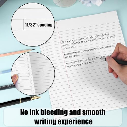 Koogel Loose Leaf Paper, 100 Sheets Wide Ruled Filler Notebook Paper for Binder, 8" x 10-1/2", 3 Hole Punched for Back to School Office Writing Filler Supplies, Fights Ink Bleed, White