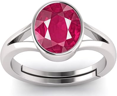 9.25 Ratti Ruby Manik/Manikya/Maneek Gemstone Panchdhatu Silver Plated Adjustable Ring For Astrological Purpose Lab - Teseted Red