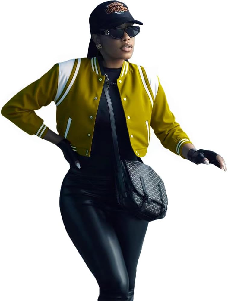 Womens Cropped Bomber Jacket Long Sleeve Button Down Baseball Varsity Fall Outerwear