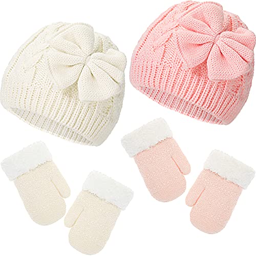 Image of 2 Sets Winter Warm Knitted Baby Hat Bow Knitted Infant Hat Fabric Lined Infant Toddler and Winter Baby Gloves Warm Infant Gloves for Baby Inflant (Small)